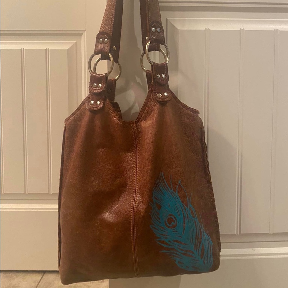 Leather handbag, peacock feather design